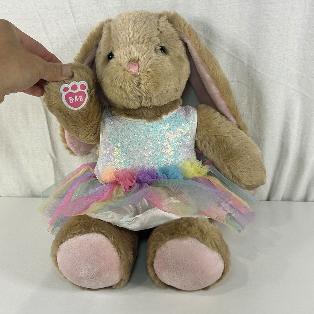 Build A Bear Workshop Pawlette Bunny Tan Plush Rabbit Rainbow Tutu Dress 17"